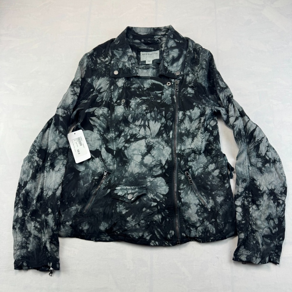 NWT Marrakech Moto Jacket Women S Black Gray Tie Dye Stretch Asymmetric Full Zip